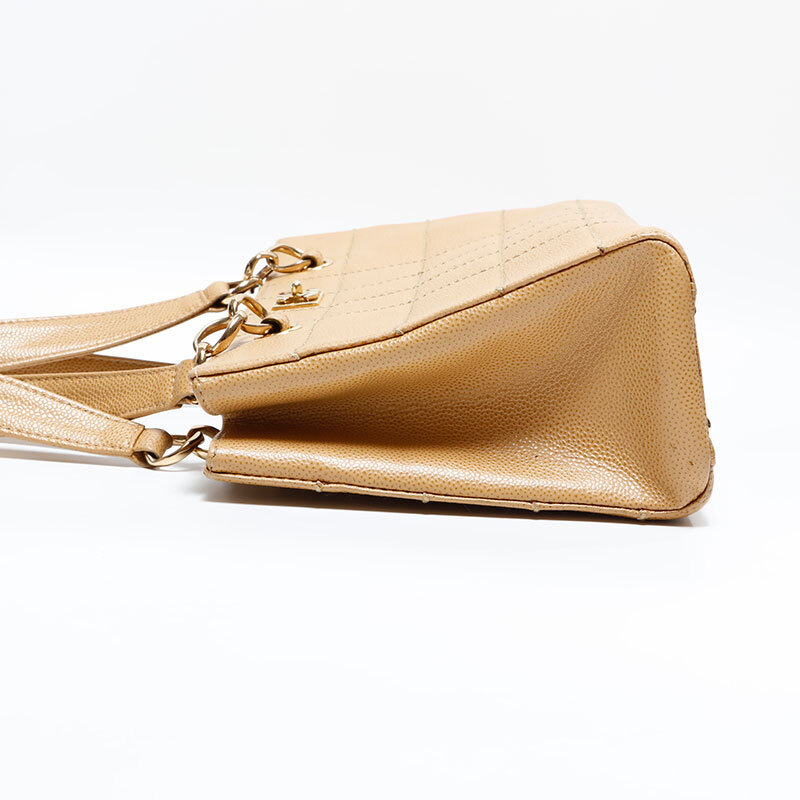 シャネル CHANEL ショルダーバッグ 7番台 2000-2002 キャビアスキン チョコバー ベージュ_画像4