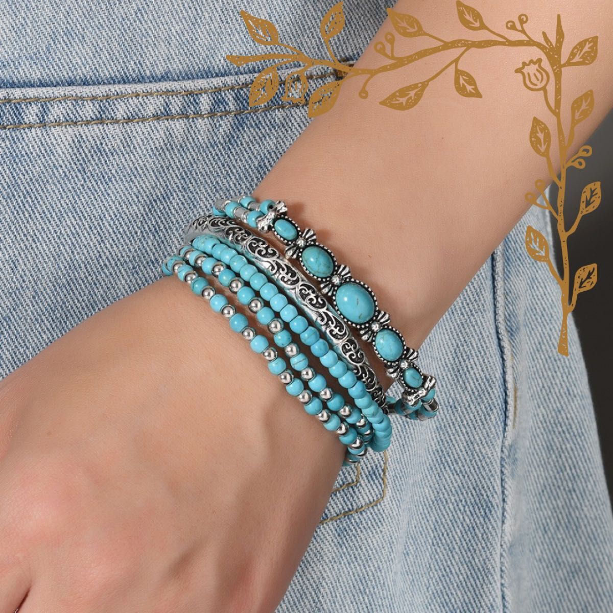 ブレスレット　ヴィンテージ風 ターコイズ 5点セット 多重巻き エスニック アクセサリー_画像1
