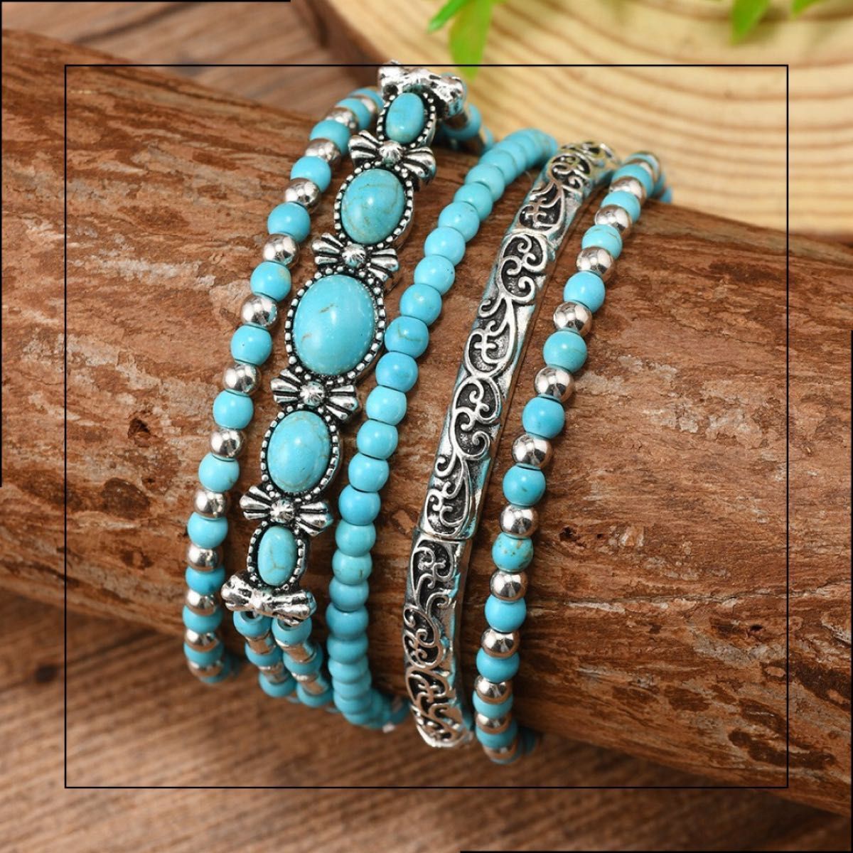 ブレスレット　ヴィンテージ風 ターコイズ 5点セット 多重巻き エスニック アクセサリー_画像2