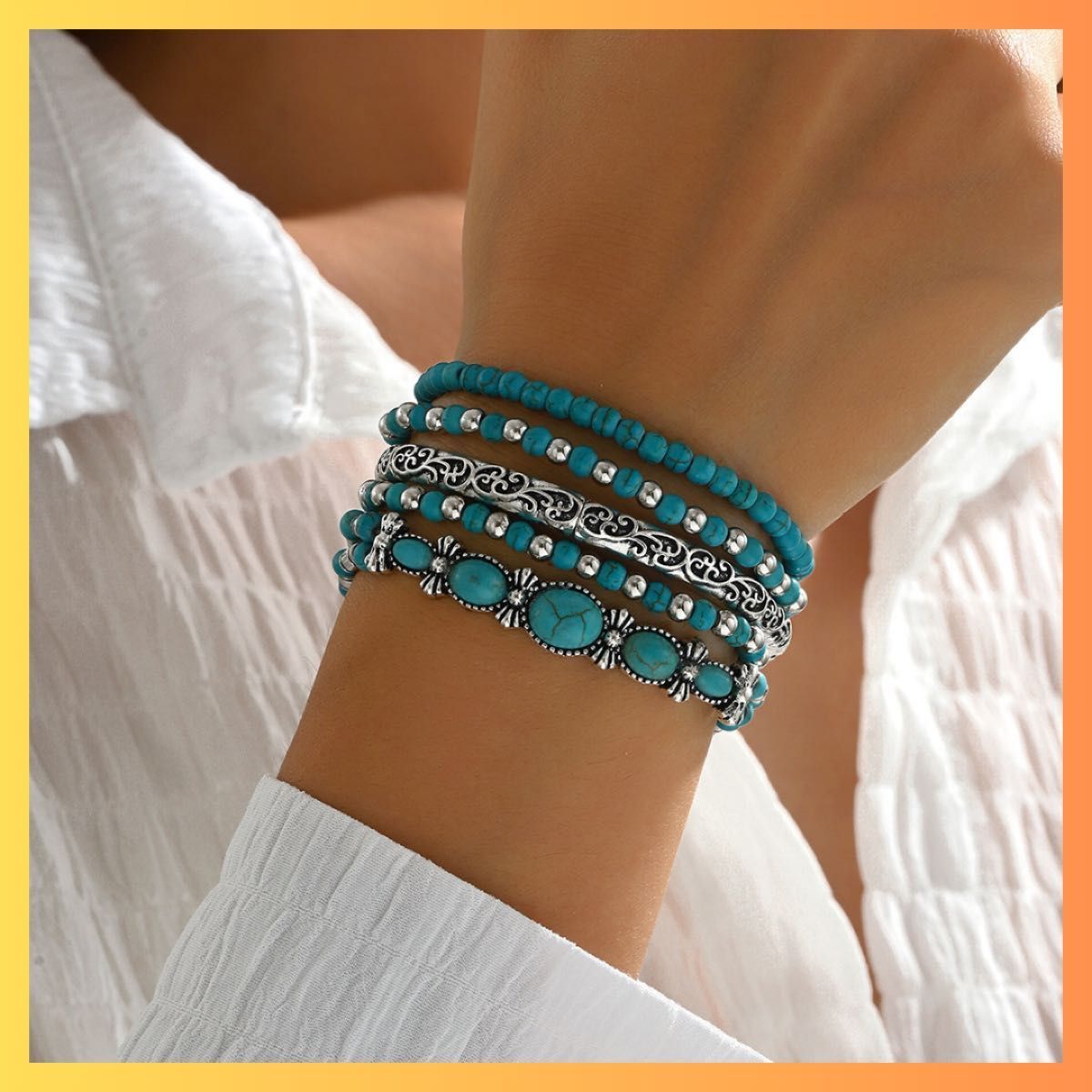 ブレスレット　ヴィンテージ風 ターコイズ 5点セット 多重巻き エスニック アクセサリー_画像3
