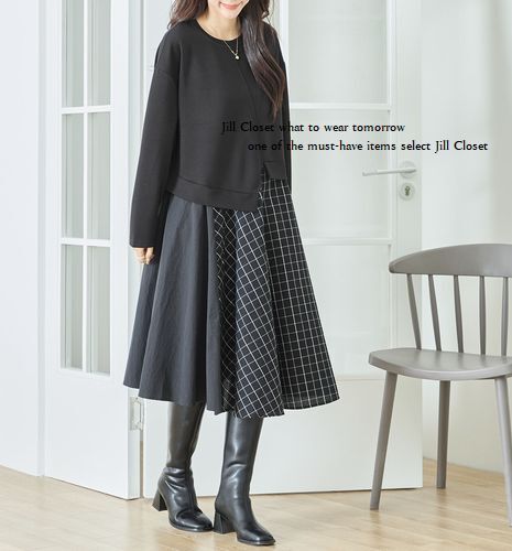 新品【送料185円】BLACK*上品ワッフル素材＆クラシカルチェック*アシンメトリーdesign*ストレッチ*プルオーバー*チュニック*ワンピース7102