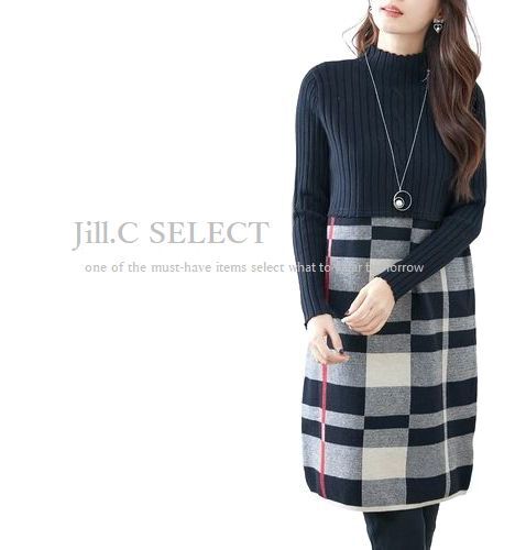 新品【送料185円】BLACK*リブ×ハイゲージニット チェック柄切り替えdesign*ハイネック*プルオーバー*チュニック*ワンピース7400