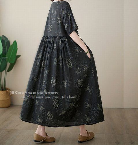 新品【送料185円】ボタニカルフラワー*贅沢なギャザー＆ドレープ*ナチュラルCOTTON素材*プルオーバー*ワンピース7501.BLACK.