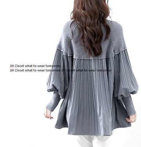新品【送料185円】GRAY 伸縮◎リブニット×プリーツ加工ブラウス*異素材切り替えdesign*ハイネック プルオーバー*チュニック3167