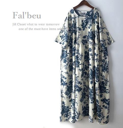 新品【送料185円】水彩風(fēng)ボタニカルFLOUR*贅沢なギャザー＆ドレープ*ナチュラルCOTTON素材*プルオーバー*ワンピース7505.BLUE.