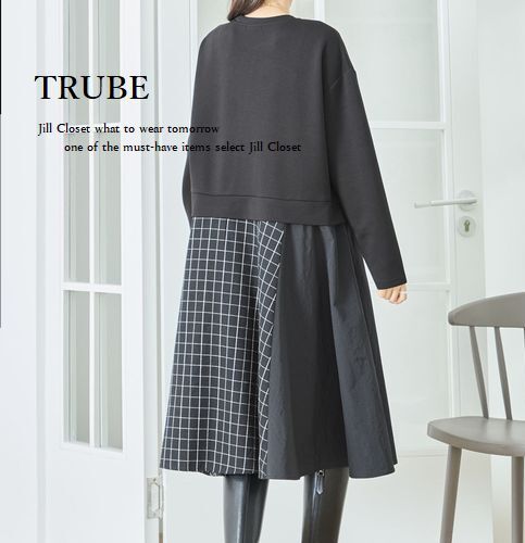 新品【送料185円】BLACK*上品ワッフル素材＆クラシカルチェック*アシンメトリーdesign*ストレッチ*プルオーバー*チュニック*ワンピース7102