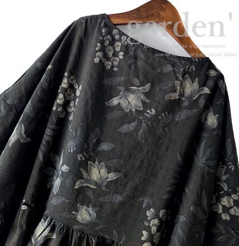 新品【送料185円】ボタニカルフラワー*贅沢なギャザー＆ドレープ*ナチュラルCOTTON素材*プルオーバー*ワンピース7501.BLACK.