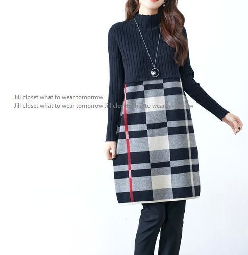 新品【送料185円】BLACK*リブ×ハイゲージニット チェック柄切り替えdesign*ハイネック*プルオーバー*チュニック*ワンピース7400