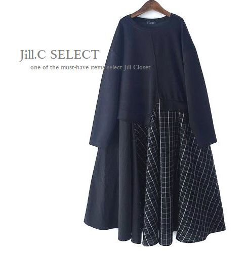 新品【送料185円】BLACK*上品ワッフル素材＆クラシカルチェック*アシンメトリーdesign*ストレッチ*プルオーバー*チュニック*ワンピース7102