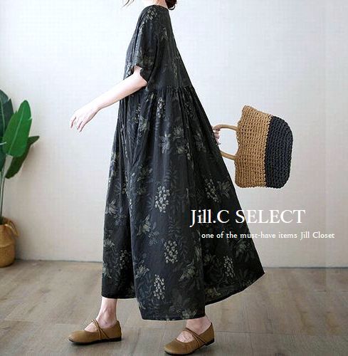 新品【送料185円】ボタニカルフラワー*贅沢なギャザー＆ドレープ*ナチュラルCOTTON素材*プルオーバー*ワンピース7501.BLACK.