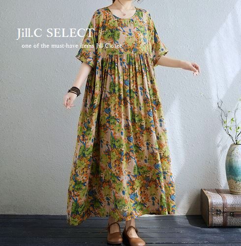 新品【送料185円】アンティーク フラワー*贅沢なギャザー＆ドレープ*ナチュラルCOTTON素材*プルオーバー*ワンピース7502.GMIX