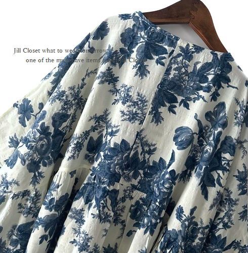 新品【送料185円】水彩風(fēng)ボタニカルFLOUR*贅沢なギャザー＆ドレープ*ナチュラルCOTTON素材*プルオーバー*ワンピース7505.BLUE.