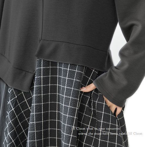 新品【送料185円】BLACK*上品ワッフル素材＆クラシカルチェック*アシンメトリーdesign*ストレッチ*プルオーバー*チュニック*ワンピース7102