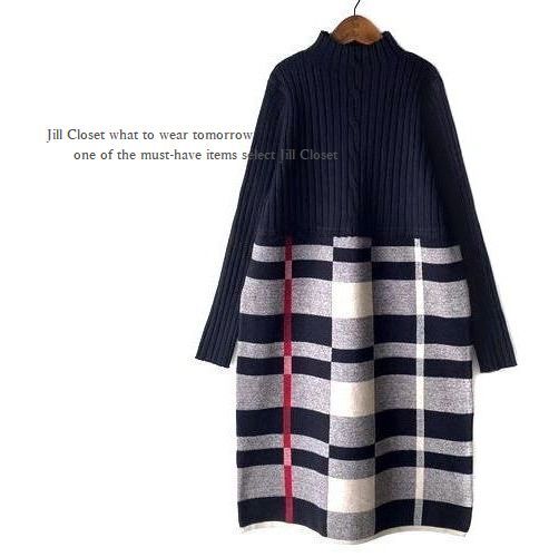 新品【送料185円】BLACK*リブ×ハイゲージニット チェック柄切り替えdesign*ハイネック*プルオーバー*チュニック*ワンピース7400