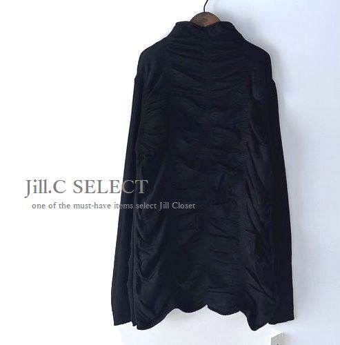 新品【送料185円】伸縮◎ハイセンス*リブ×シャーリング ストレッチニットTOPS*ハイネックデザイン*プルオーバー7509.BLACK