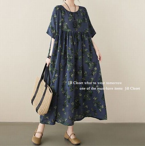 新品【送料185円】ボタニカルリーフ*贅沢なギャザー＆ドレープ*ナチュラルCOTTON素材*プルオーバー*ワンピース7506.NAVY