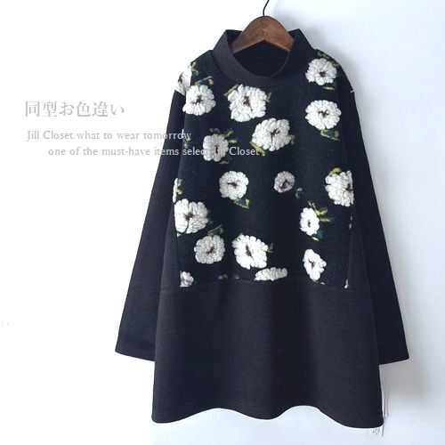 新品【送料185円】CHARCOAL*伸縮◎異素材切り替えデザイン*立體フラワー ジャガード*ニットソー*プルオーバー*チュニック7500