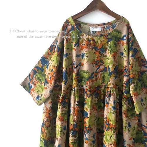 新品【送料185円】アンティーク フラワー*贅沢なギャザー＆ドレープ*ナチュラルCOTTON素材*プルオーバー*ワンピース7502.GMIX