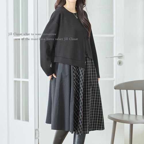 新品【送料185円】BLACK*上品ワッフル素材＆クラシカルチェック*アシンメトリーdesign*ストレッチ*プルオーバー*チュニック*ワンピース7102