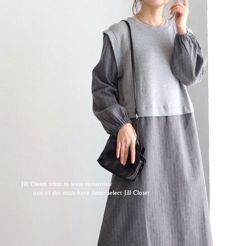 新品【送料185円】GRAY*レイヤード風(fēng) 異素材切り替え*ストライプ柄*ぽわん袖*スタイルカバー◎プルオーバー*チュニック*ワンピース7003