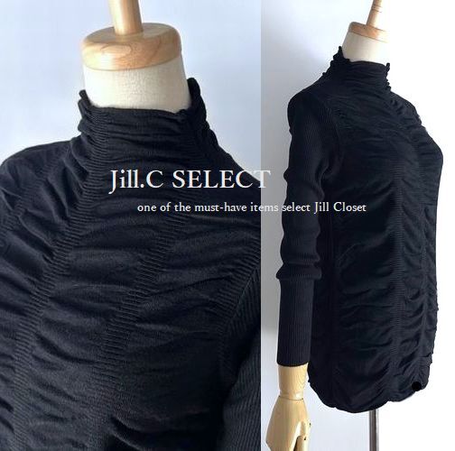 新品【送料185円】伸縮◎ハイセンス*リブ×シャーリング ストレッチニットTOPS*ハイネックデザイン*プルオーバー7509.BLACK