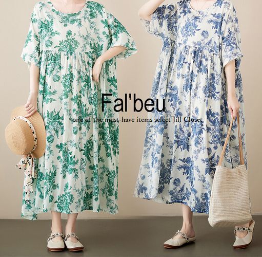 新品【送料185円】水彩風(fēng)ボタニカルFLOUR*贅沢なギャザー＆ドレープ*ナチュラルCOTTON素材*プルオーバー*ワンピース7505.BLUE.