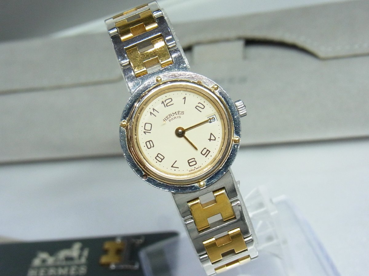 1円～【稼働?箱】エルメス HERMES クリッパー 7石 Cal.956.114 フォーマルウォッチ レディース 腕時(shí)計(jì) クオーツ ２針 デイト ラウンド SS
