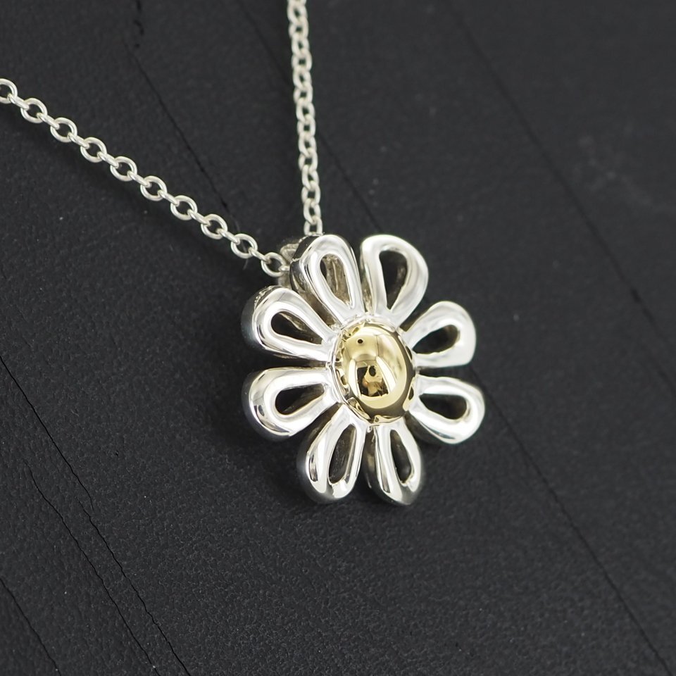 ◆即決あり◆ TIFFANY&Co. ティファニー SV シルバー 925 K18 フラワー デイジー ネックレス 3.1g USED レディース アクセサリー「27482」_画像4