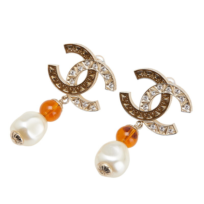 シャネル ココマーク ラインストーン スイング パール ピアス ゴールド シャネル ココマーク ラインストーン スイングピアス シャンパン