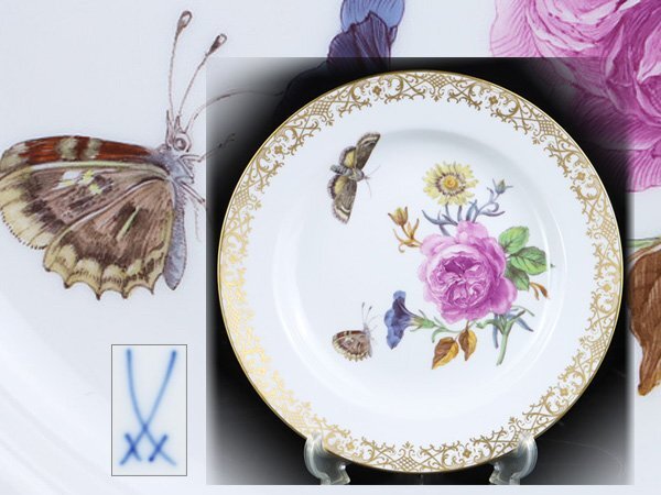 魁◆名家コレクション 激レア！マイセン最高峰 最上級の華 「FF ブルーメ」 花と昆蟲 金彩裝飾 プレート 直徑19㎝ 未使用極上品