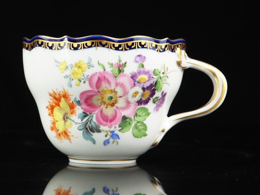 魁◆本物保証 Meissen マイセン Aカンテ コーヒーカップ＆ソーサー 5つ花 金彩コバルトブルー