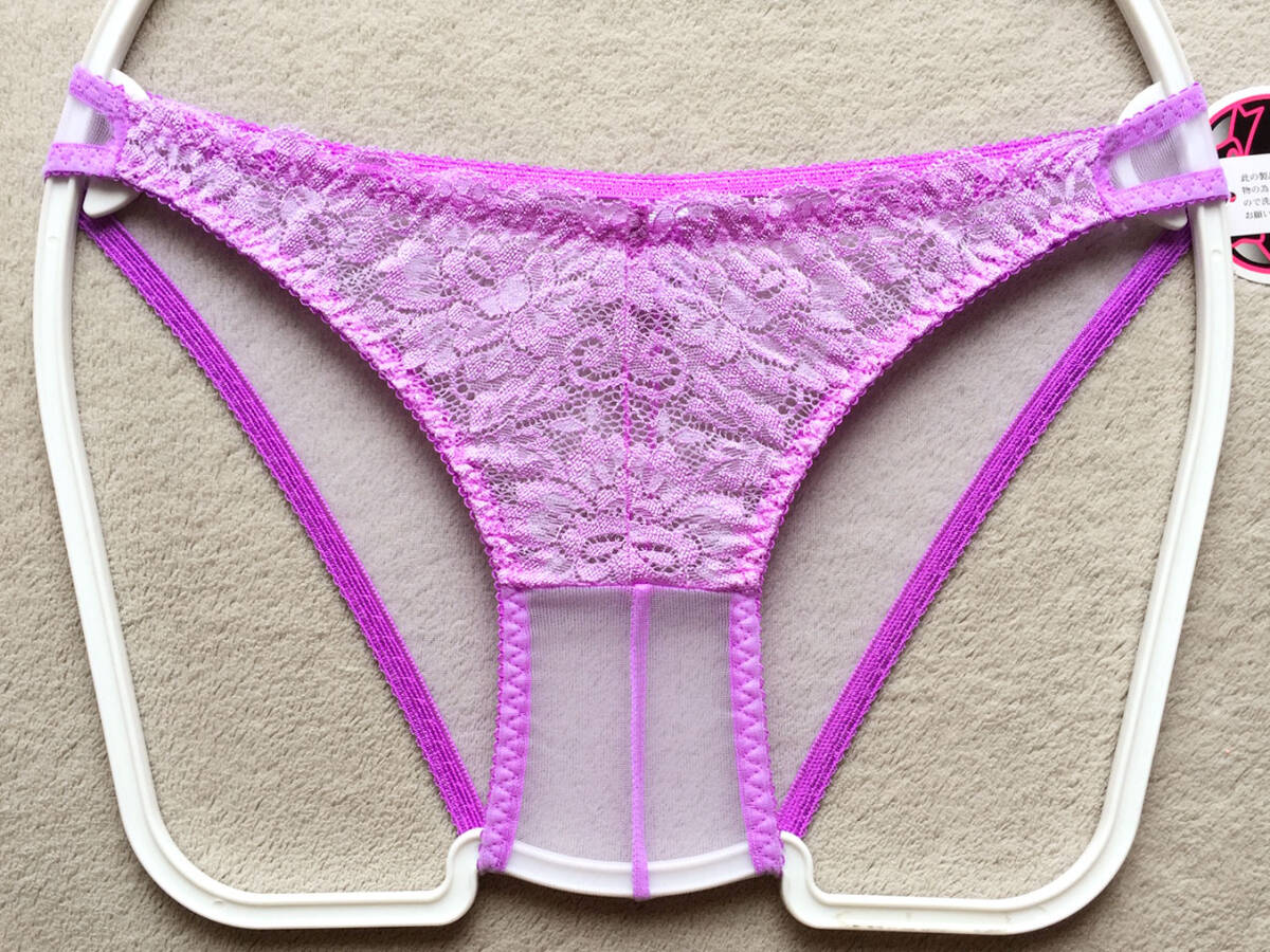 【ラ?ポーム/La-Pomme】くっきりセンターシーム?お花刺繍レース＆透け透けシースルー★淺履きフルバック/パープル?新品/日本制