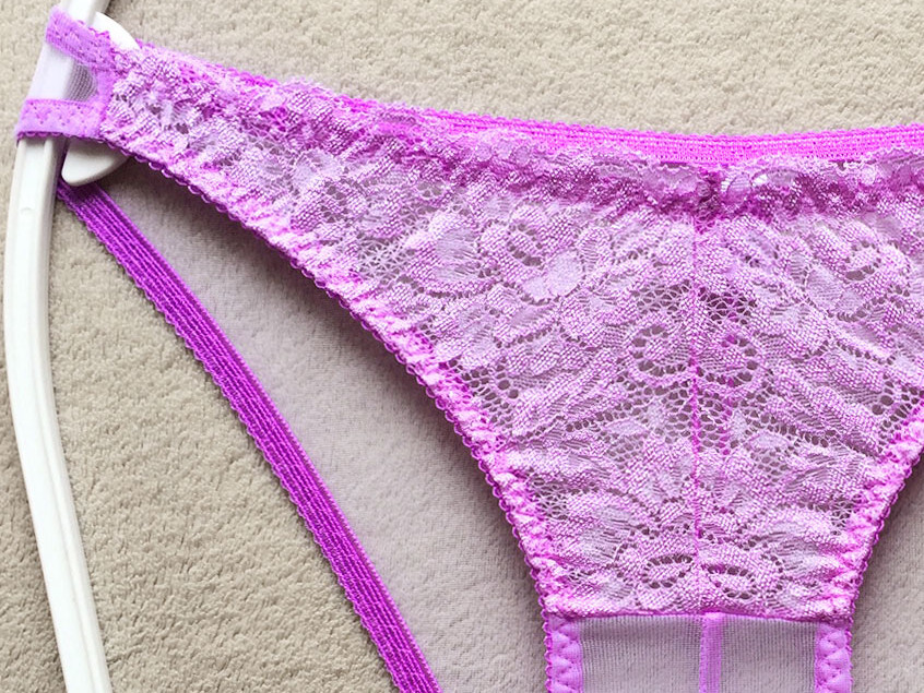 【ラ?ポーム/La-Pomme】くっきりセンターシーム?お花刺繍レース＆透け透けシースルー★淺履きフルバック/パープル?新品/日本制