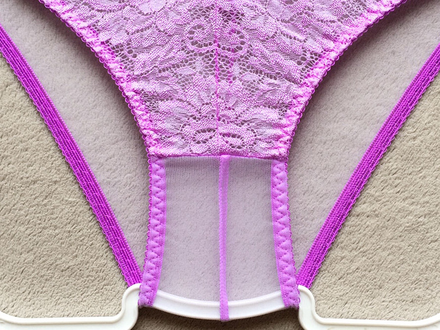 【ラ?ポーム/La-Pomme】くっきりセンターシーム?お花刺繍レース＆透け透けシースルー★淺履きフルバック/パープル?新品/日本制