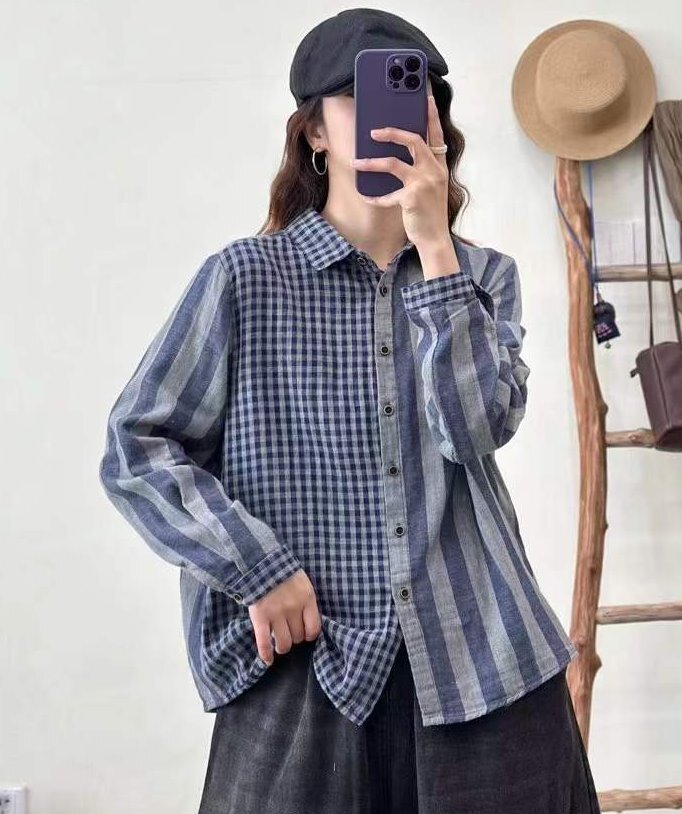 *:.* レディーストップス 長袖シャツ 綿コットンタータンチェックのパッチワーク柄シャツ ダブルガーゼ肌触りいい 通気性いい ブラウス_画像2