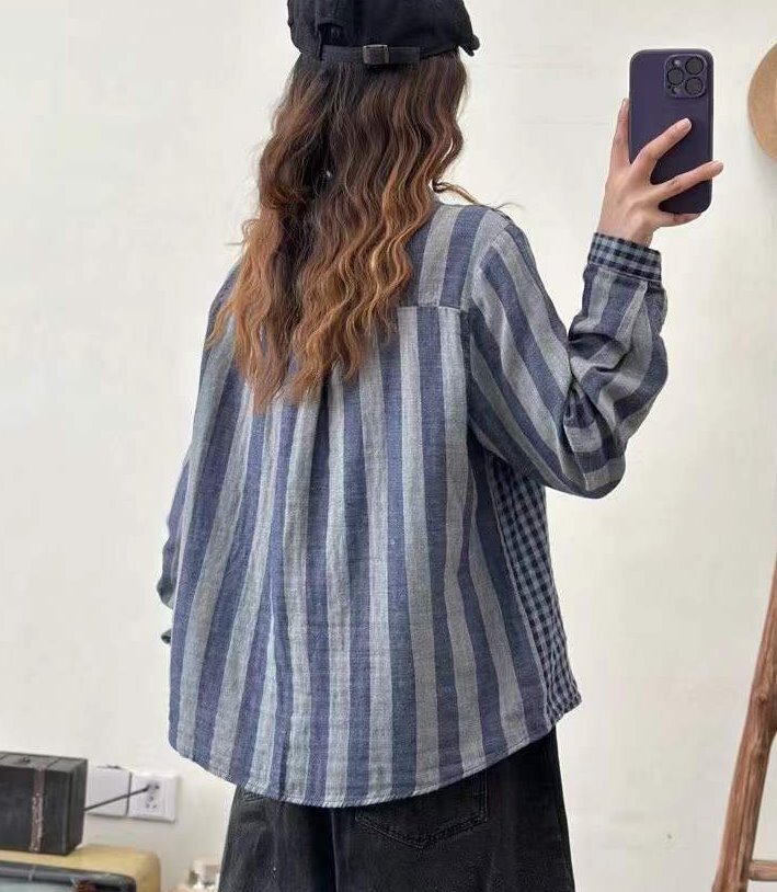 *:.* レディーストップス 長袖シャツ 綿コットンタータンチェックのパッチワーク柄シャツ ダブルガーゼ肌触りいい 通気性いい ブラウス_画像6