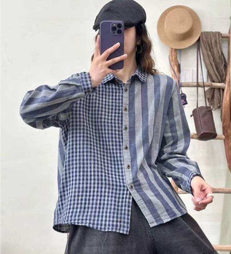 *:.* レディーストップス 長袖シャツ 綿コットンタータンチェックのパッチワーク柄シャツ ダブルガーゼ肌触りいい 通気性いい ブラウス_画像3