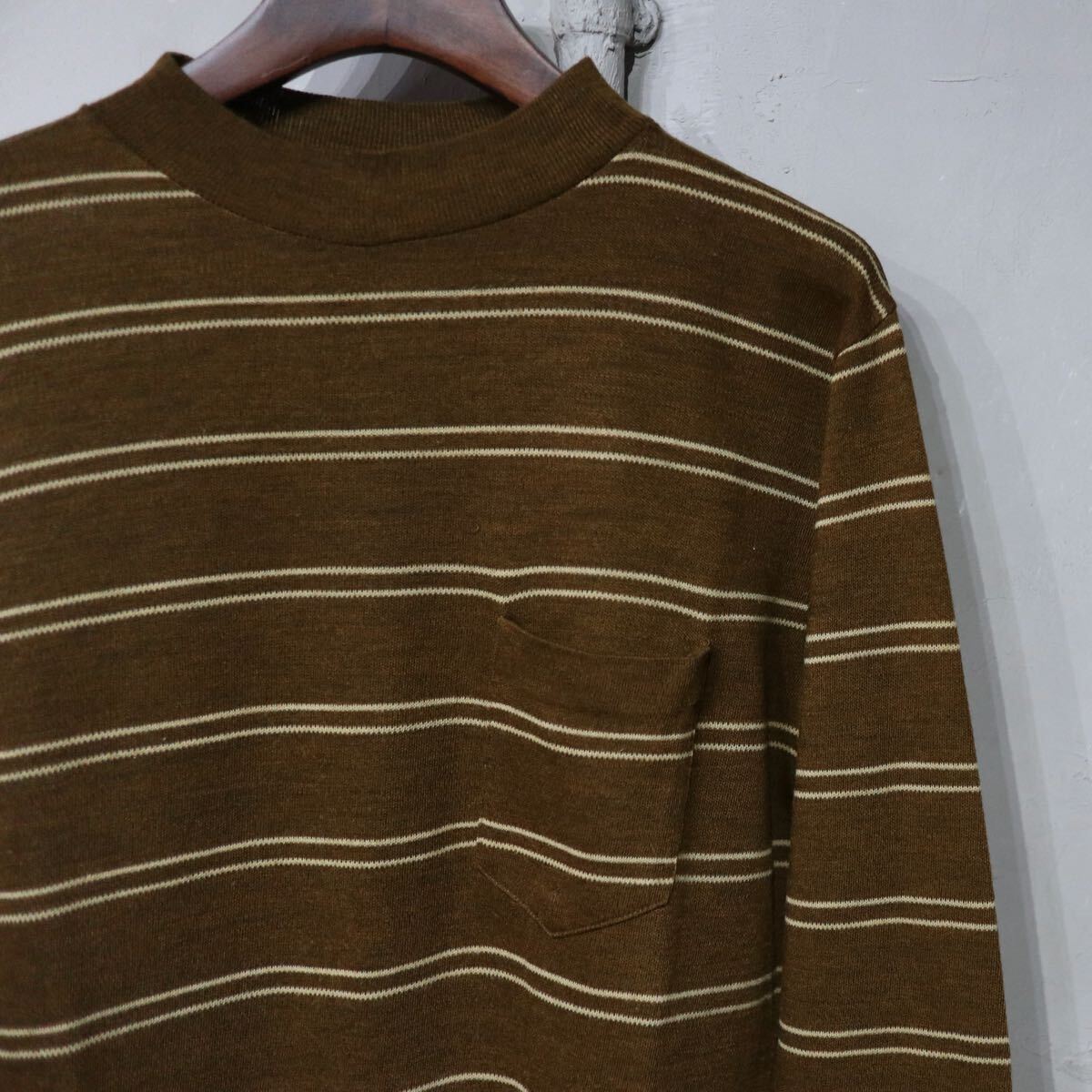 【即決】70s Campus キャンパス ボーダー カットソー アクリルニット セーター ブラウン 茶色 長袖 USA アメリカ製 古着 L_画像1