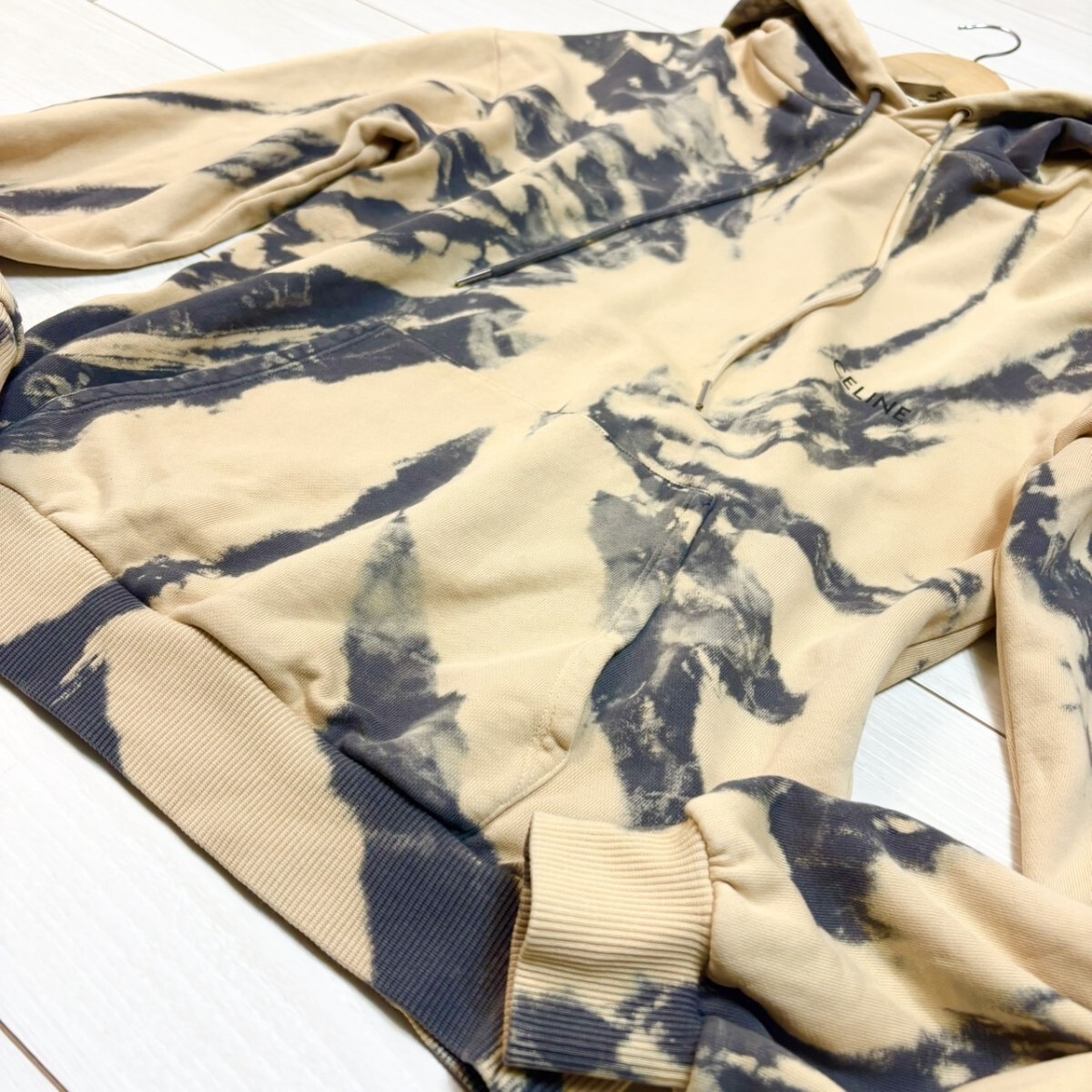 極美品/M-Lサイズ相當(dāng)●CELINE セリーヌ タイダイ ルーズフーディ パーカー 長(zhǎng)袖 コットン ベージュ グレー メンズ トップス