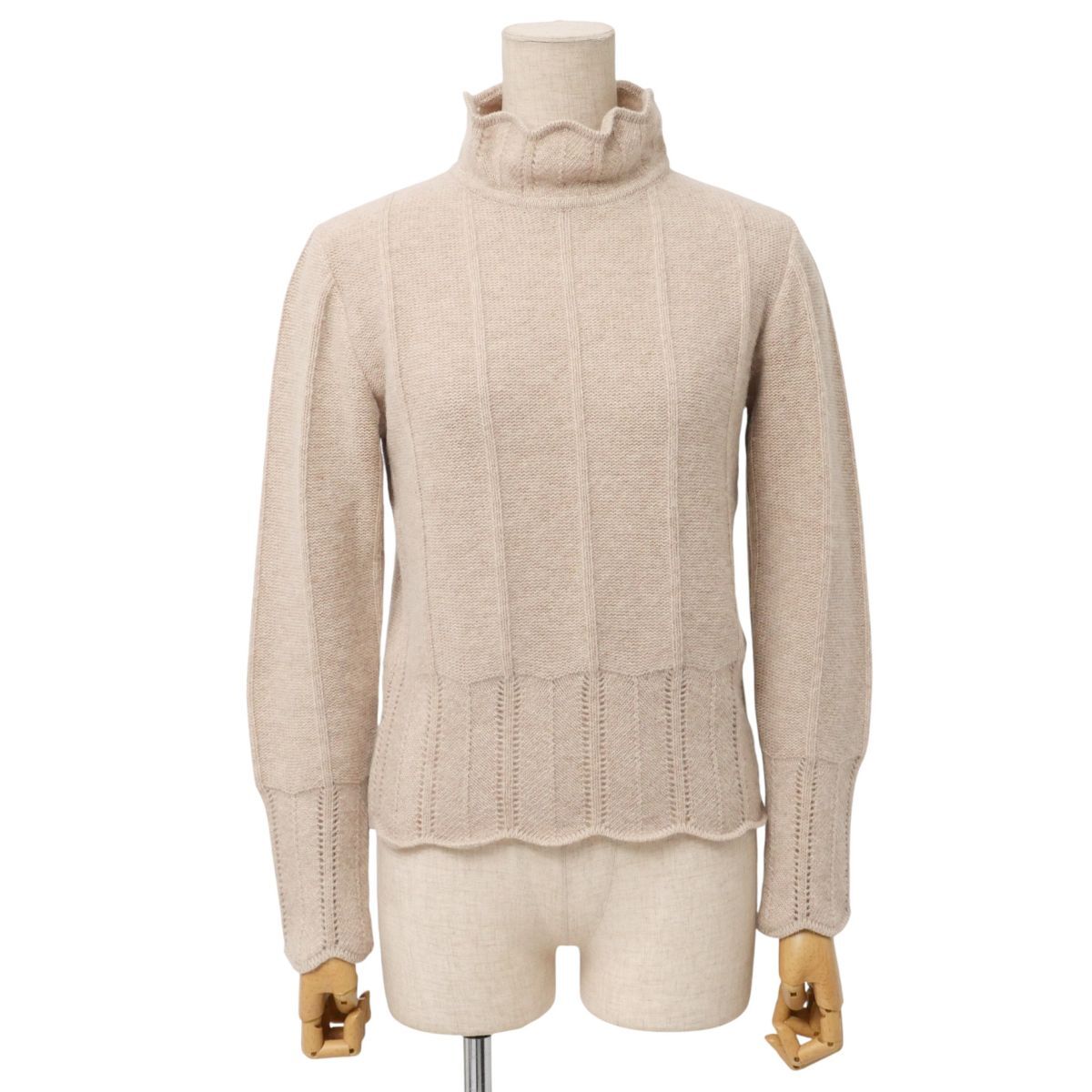 GS2795☆ジョルジオアルマーニ GIORGIO ARMANI ニット セーター ハイネック 長(zhǎng)袖 スカラップ ウールアンゴラ ベージュ S～M相當(dāng)