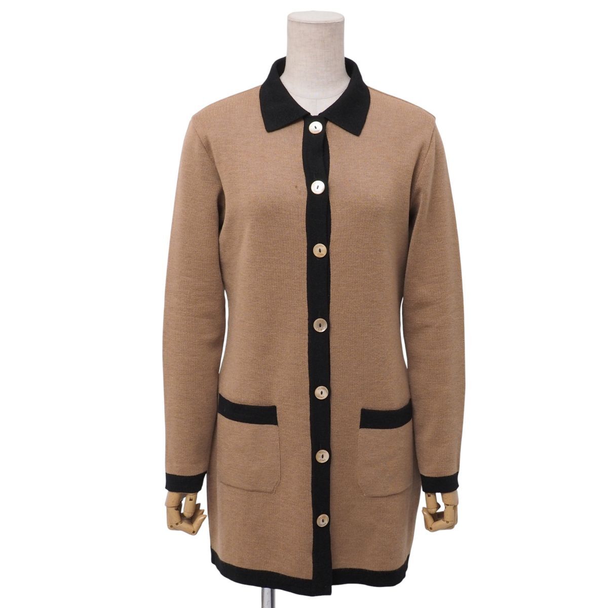 TJ4668☆フェンディ FENDI バイカラー 襟付き ニットカーディガン ロング 長袖 シェルボタン ウール ブラウン×ブラック サイズ42
