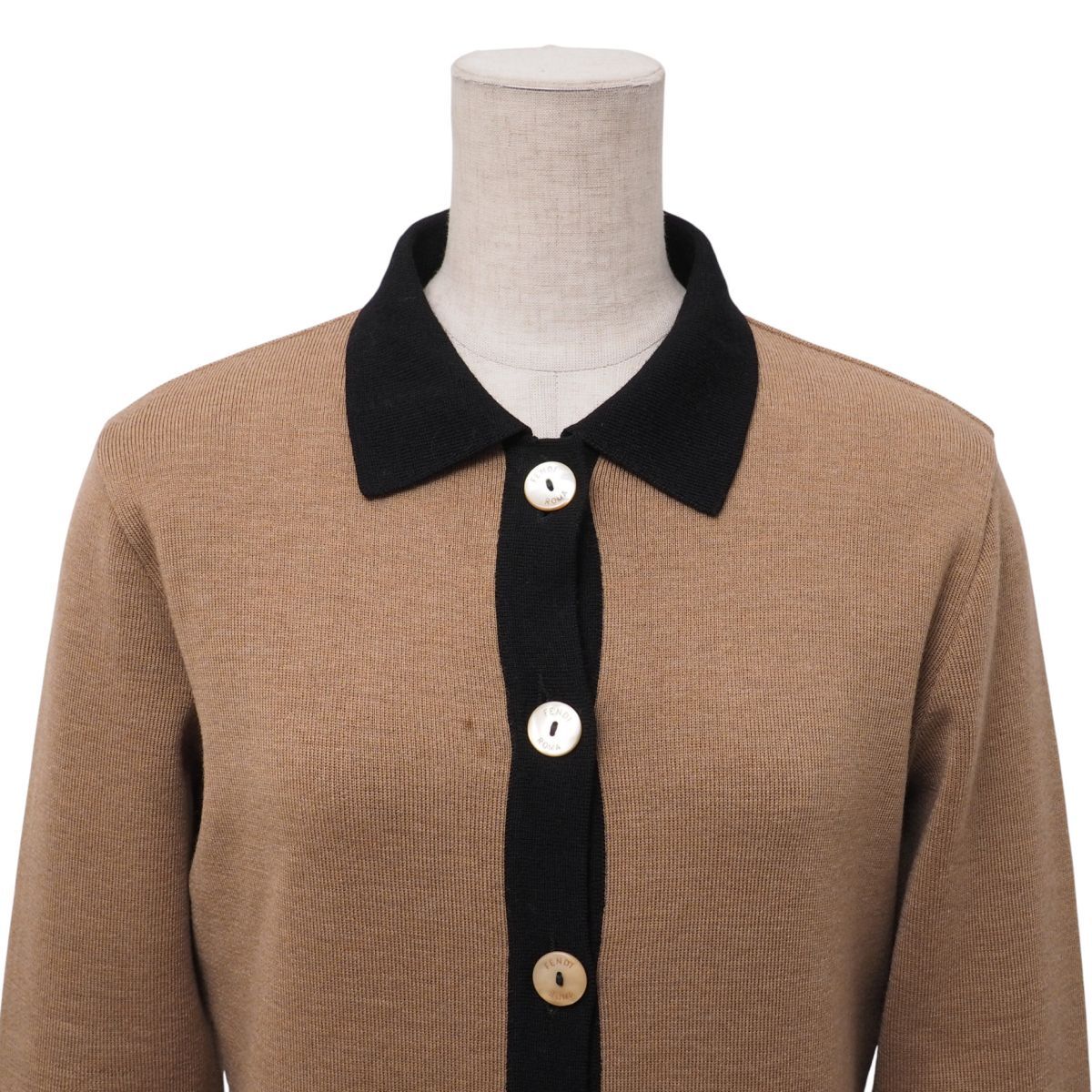 TJ4668☆フェンディ FENDI バイカラー 襟付き ニットカーディガン ロング 長袖 シェルボタン ウール ブラウン×ブラック サイズ42