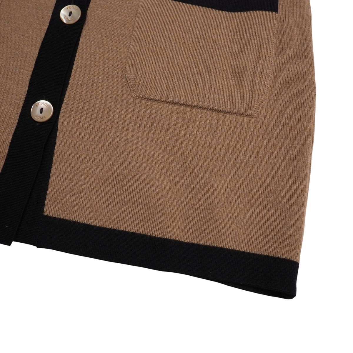 TJ4668☆フェンディ FENDI バイカラー 襟付き ニットカーディガン ロング 長袖 シェルボタン ウール ブラウン×ブラック サイズ42