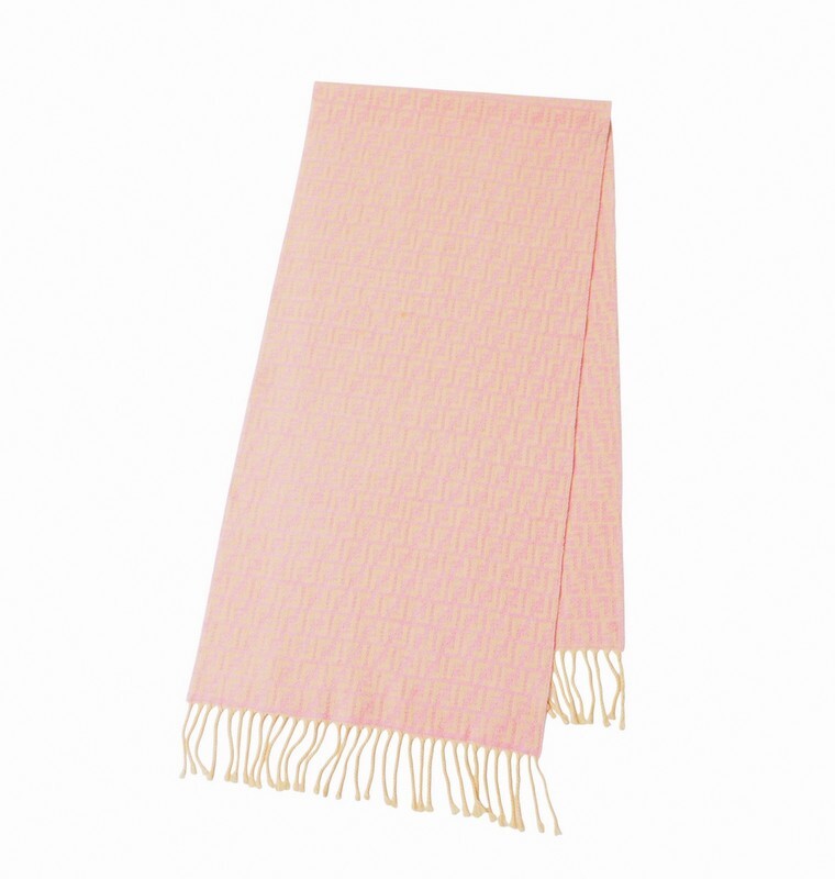 TI9295〇イタリア制*フェンディ/FENDI*ウール100％*FF ロゴ ズッカ柄*フリンジ*マフラー ストール*ピンク×ベージュ絙?