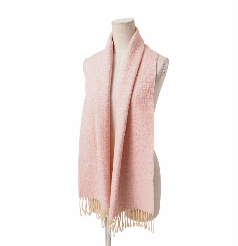 TI9295〇イタリア制*フェンディ/FENDI*ウール100％*FF ロゴ ズッカ柄*フリンジ*マフラー ストール*ピンク×ベージュ絙?