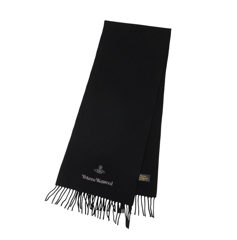 TI8921〇イタリア制*ヴィヴィアンウエストウッド Vivienne Westwood ACCESSORIES*オーブ ロゴ ウール フリンジ マフラー ストール*ブラック