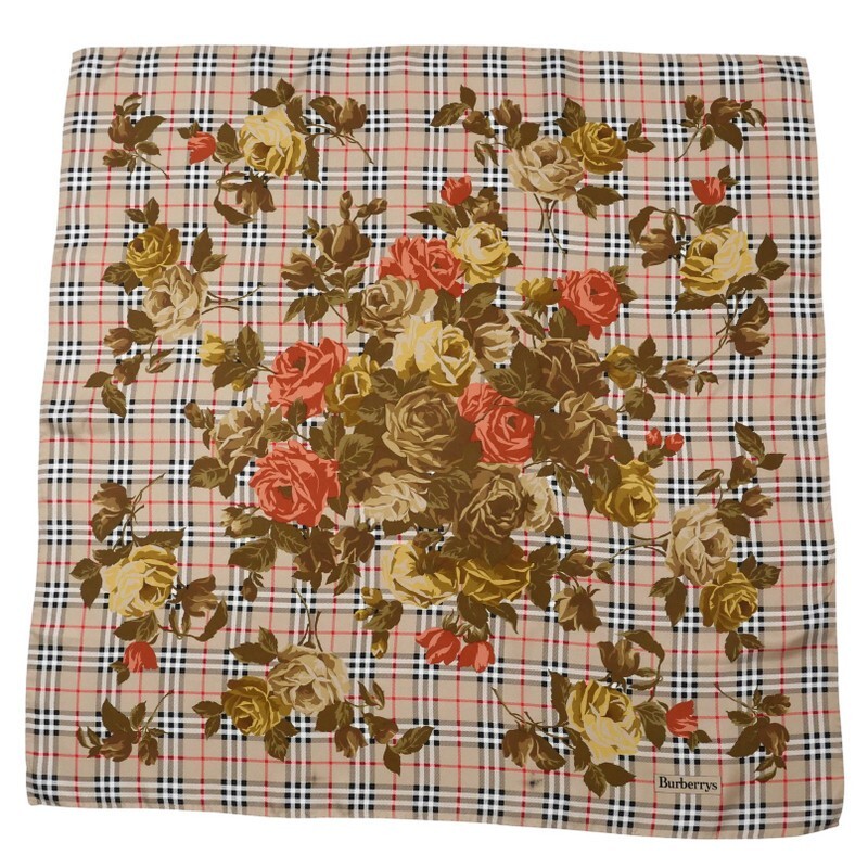 TJ4347▼イタリア制▼ バーバリー Burberrys ヴィンテージ チェック×花柄 シルクスカーフ ストール ベージュ系 vintage