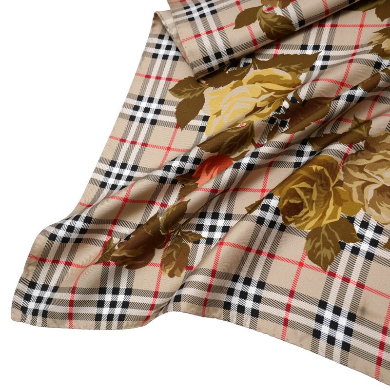 TJ4347▼イタリア制▼ バーバリー Burberrys ヴィンテージ チェック×花柄 シルクスカーフ ストール ベージュ系 vintage