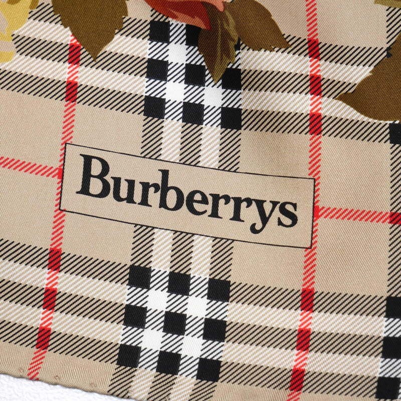 TJ4347▼イタリア制▼ バーバリー Burberrys ヴィンテージ チェック×花柄 シルクスカーフ ストール ベージュ系 vintage