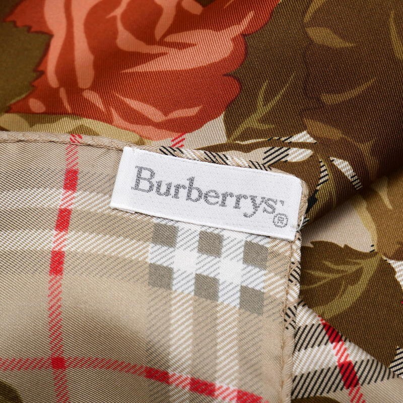 TJ4347▼イタリア制▼ バーバリー Burberrys ヴィンテージ チェック×花柄 シルクスカーフ ストール ベージュ系 vintage